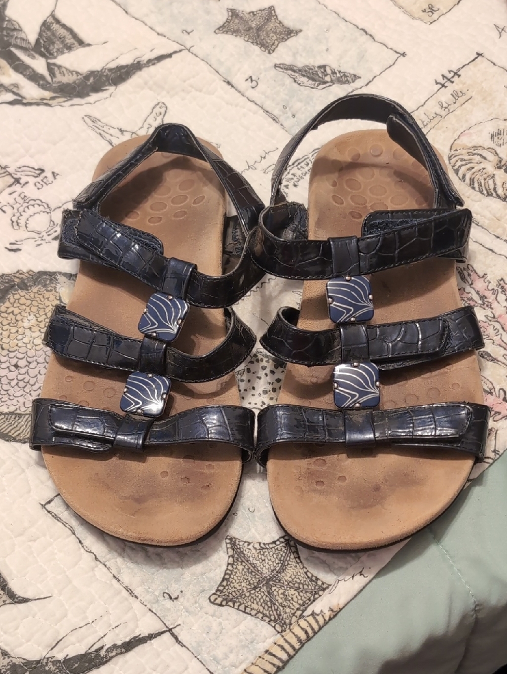Navy Croc-Embossed Strappy Sandals with Decorative Blue Accents